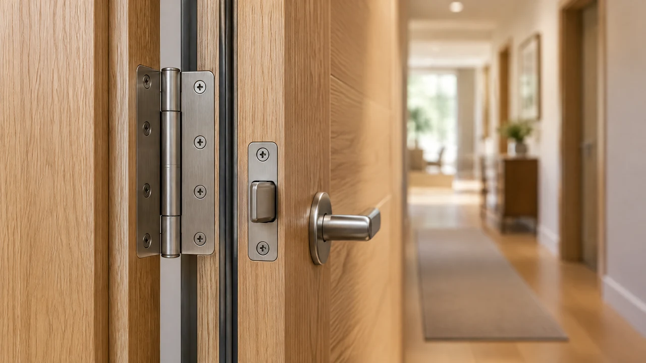 Illustrative generic residential doorset detail with hinge, frame, latch edge and handle; not an Effingham Construction project or inspection evidence.