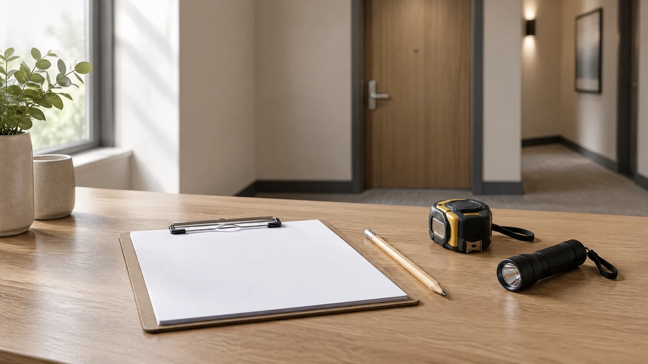 Illustrative generic property-team record-keeping scene with blank clipboard, tape measure and torch; not an Effingham Construction project or certification record.