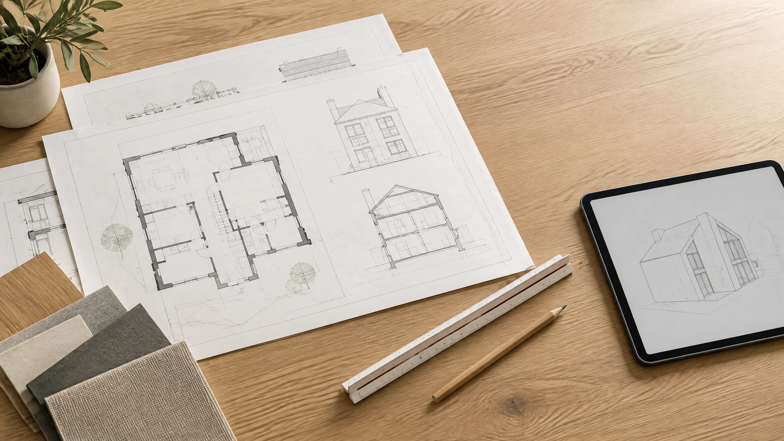 Illustrative planning desk with generic architectural drawings, a scale ruler and material samples; not a real project, official application or property.