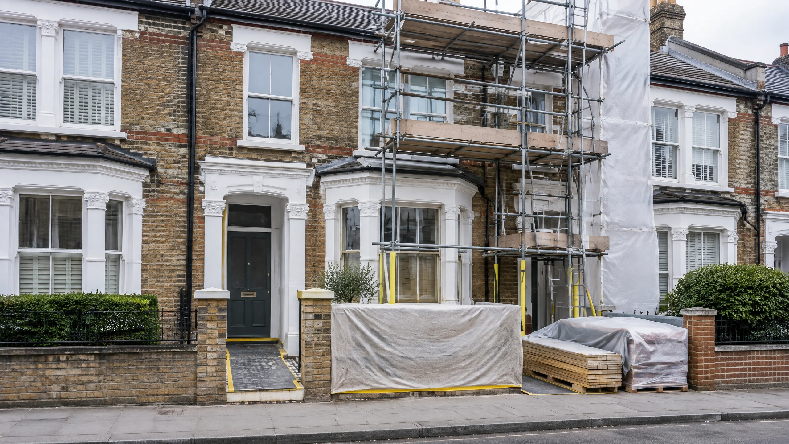 Illustrative London terrace undergoing a carefully managed refurbishment with protected materials and scaffolding; not an Effingham Construction project photograph.
