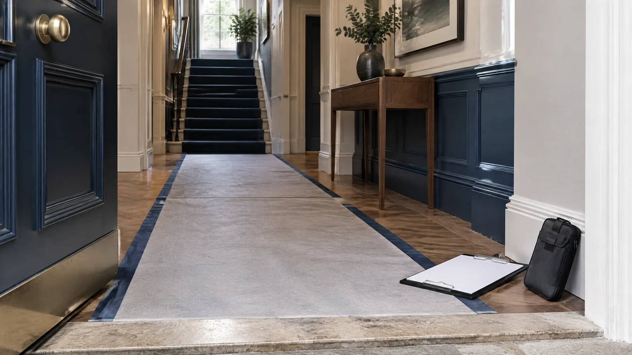 Illustrative generic building entrance with floor protection and blank access-planning clipboard; not an Effingham Construction project or client property.