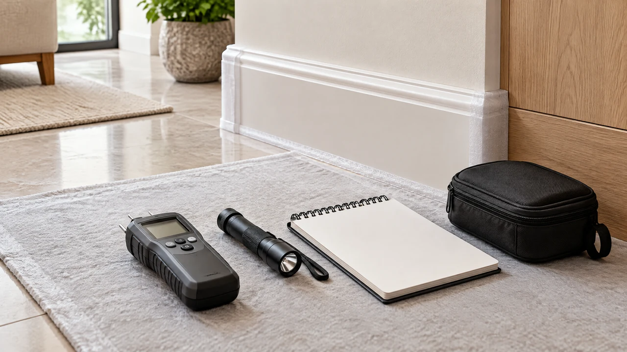 Illustrative generic evidence-gathering kit beside protected apartment finishes; not an Effingham Construction project or a real moisture report.