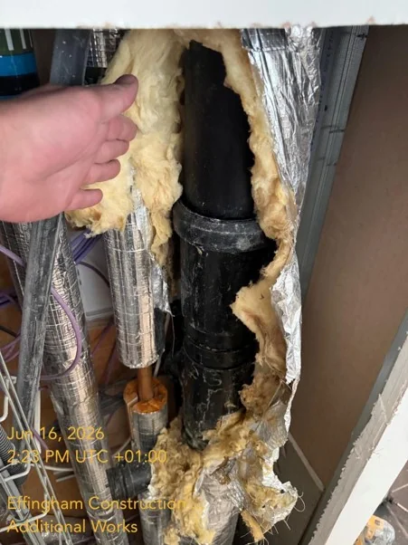 Close view of pipework condition in a Dockley Apartments service void