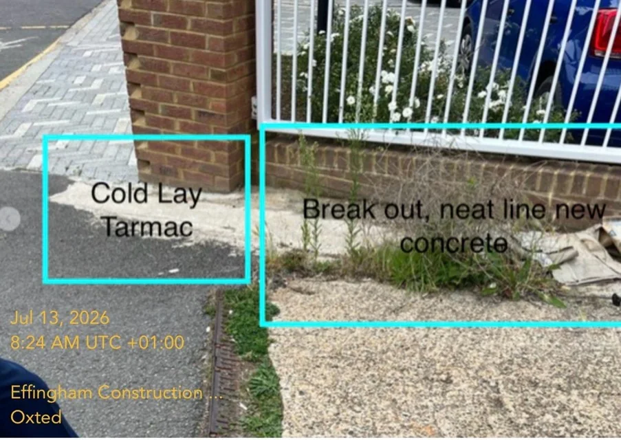 Marked drainage and concrete work area during Oxted access works